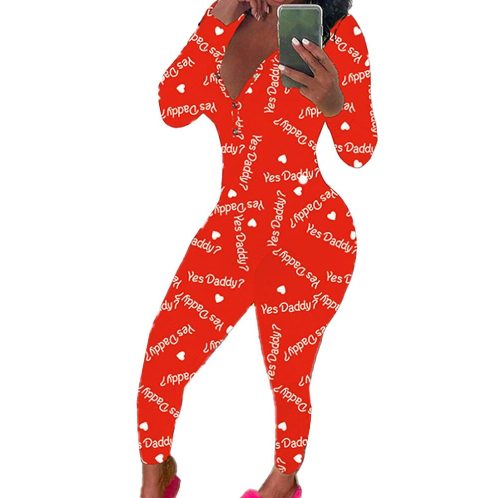 1606 Long Sleeve Button Down One Piece Jumpsuit Romper V Neck Bodycon